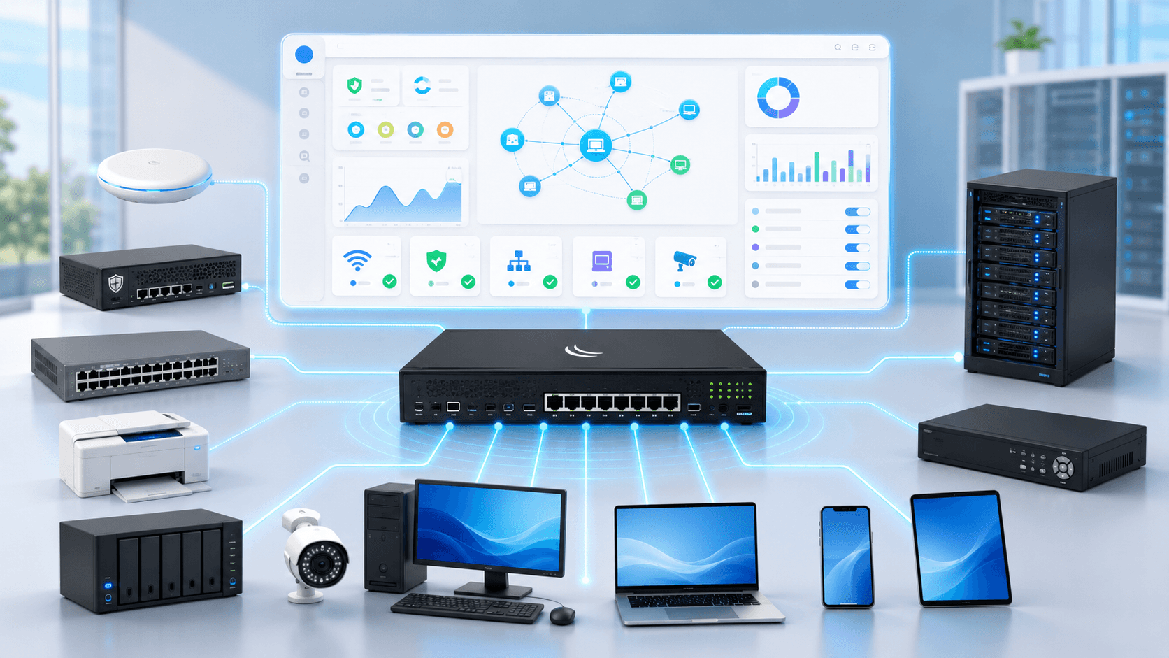HCX NetView ile tek panelden görülen switch, access point, sunucu, kamera ve diğer ağ cihazları