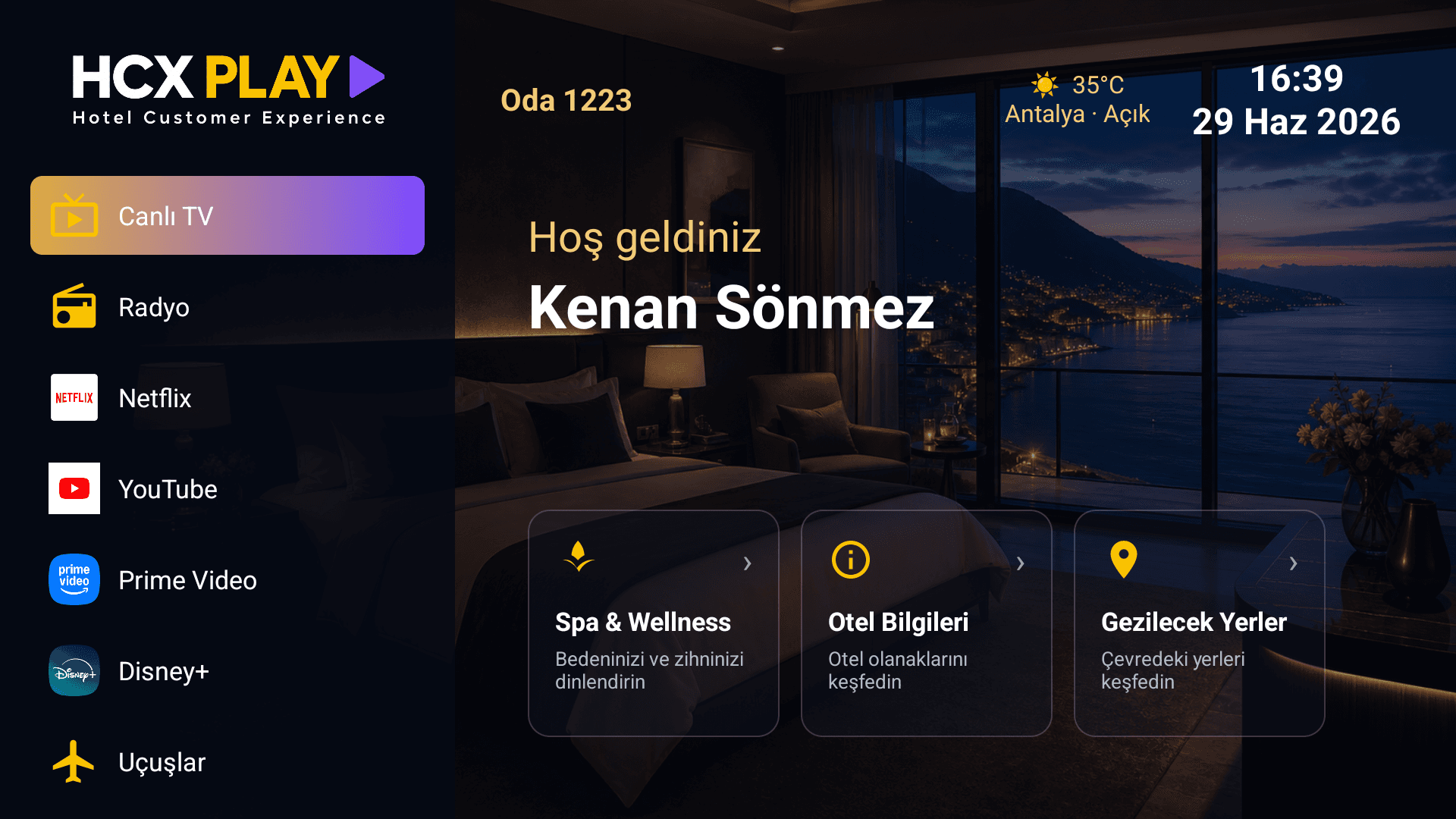 HCX PLAY oda içi TV arayüzü — kişiselleştirilmiş karşılama ekranı