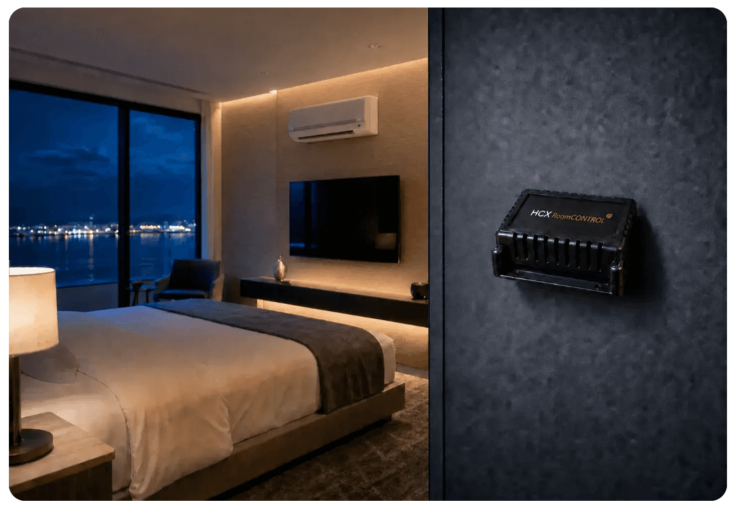 HCX RoomController USB modül ve otel odası klima kontrol görseli
